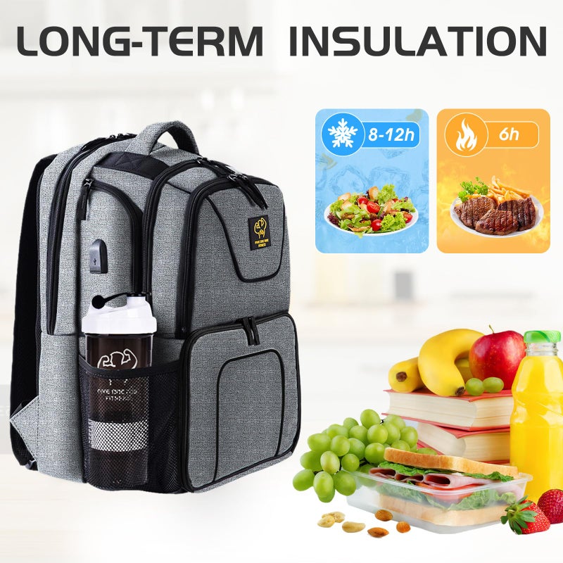 50 FIVE ONE NINE 519 Fitness Meal Prep Backpack,Insulated Cooler Lunch Backpack with Computer Compartment,Hiking Picnic Cooler Rucksack for Men and Women,3 Meal Containers,2 Ice Packs and Protein Shaker(Grey) - Image 4
